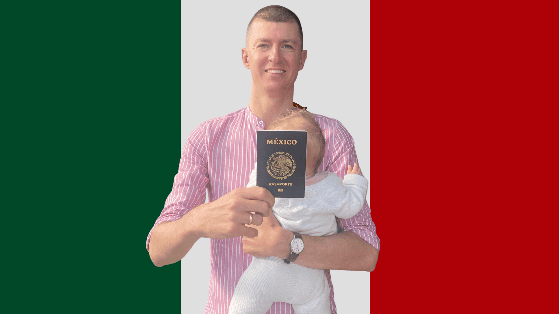 homme blanc avec passport mexicain et bébé dans les bras